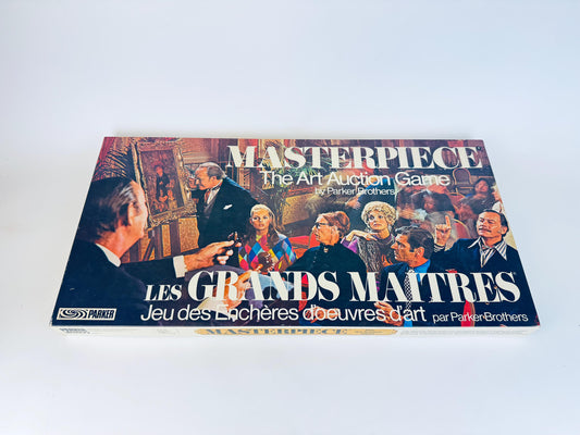 Board game box titled 'Masterpiece: The Art Auction Game' by Parker Brothers on a white background