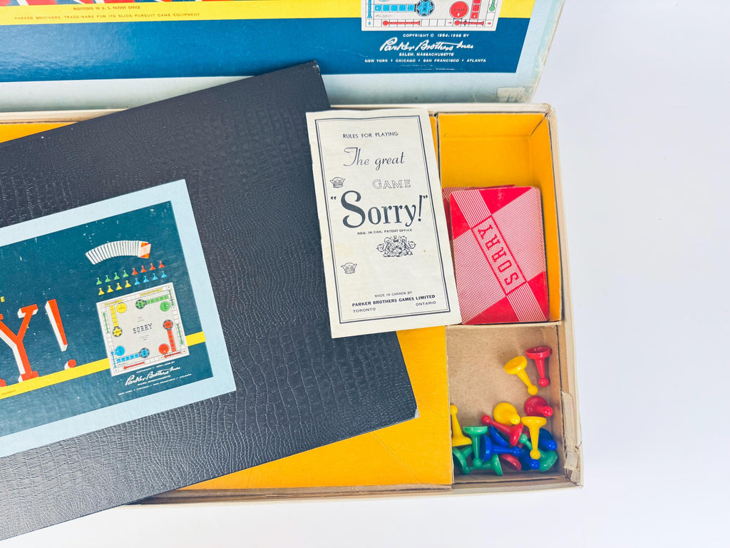 Vintage 1950s Sorry! Board Game  Canadian Edition, Blue Box with Cards & Plastic Pawns  Mid-Century Family Game