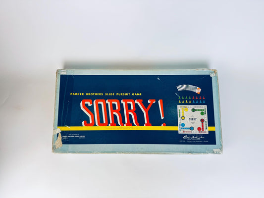 Vintage 'Sorry!' board game box by Parker Brothers on a white background