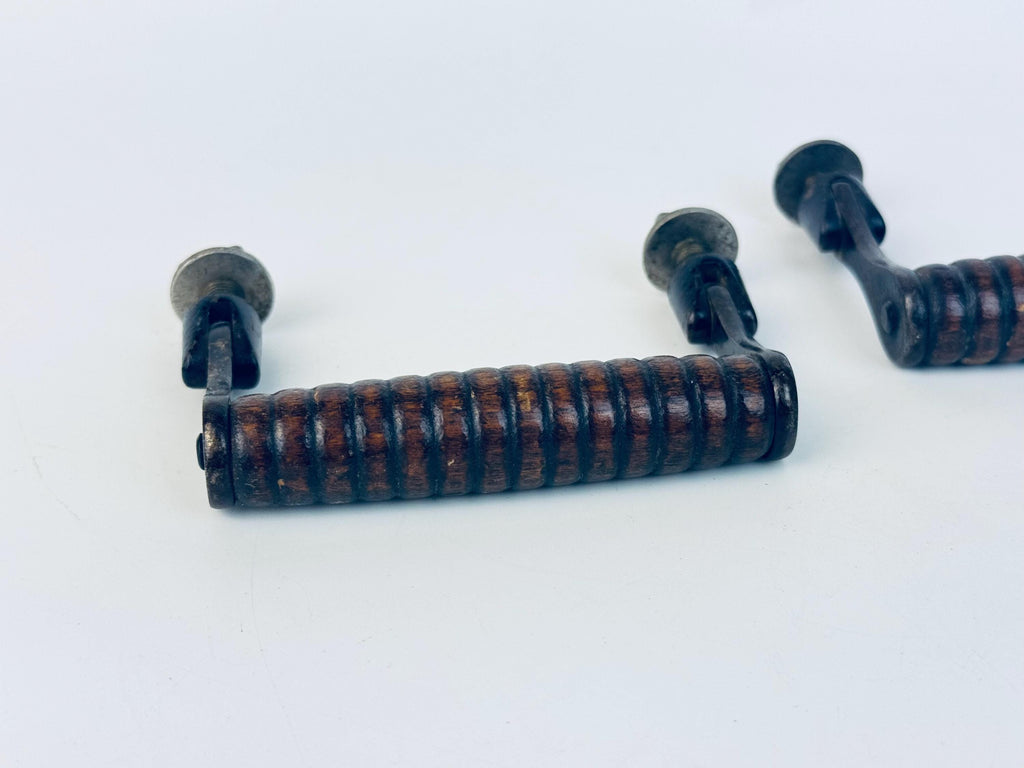 Vintage 1970s Ribbed Walnut + Black Metal Drawer Pulls  Retro Wood and Metal Furniture Handles  Vintage Cabinet Hardware - Sold Separately