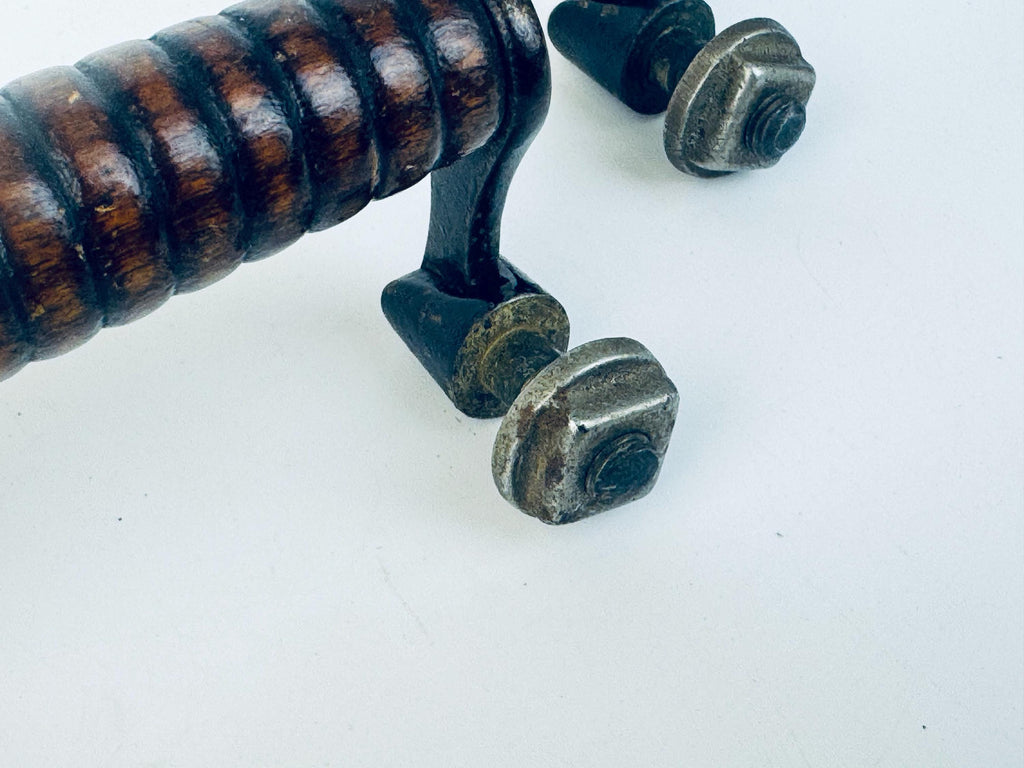 Vintage 1970s Ribbed Walnut + Black Metal Drawer Pulls  Retro Wood and Metal Furniture Handles  Vintage Cabinet Hardware - Sold Separately