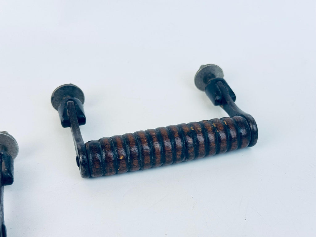 Vintage 1970s Ribbed Walnut + Black Metal Drawer Pulls  Retro Wood and Metal Furniture Handles  Vintage Cabinet Hardware - Sold Separately