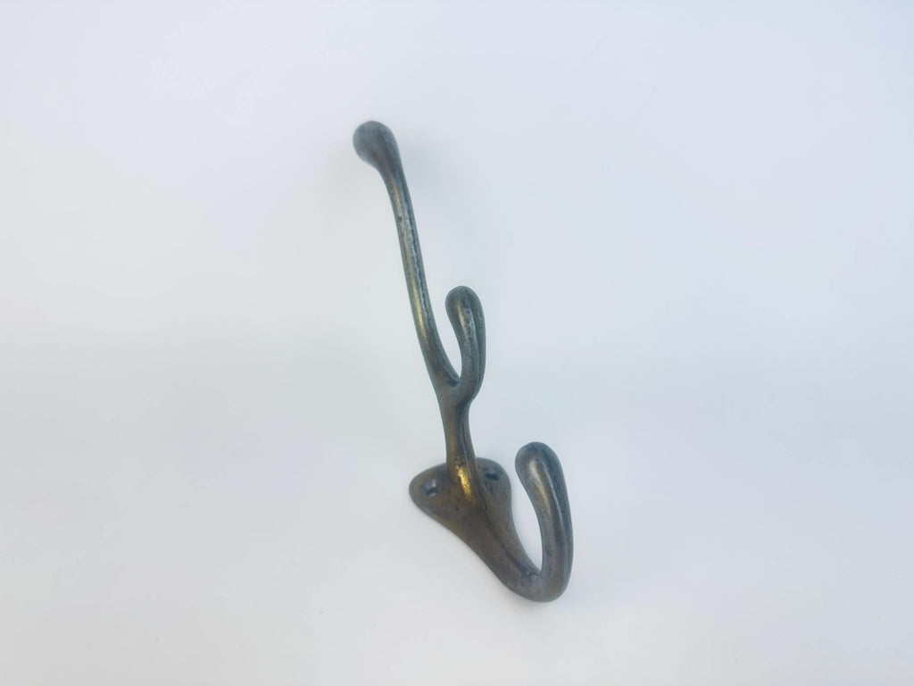 Vintage 1980s Cast Iron Wall Hook in Aged Bronze Finish  Industrial Triple Coat or Hat Hook
