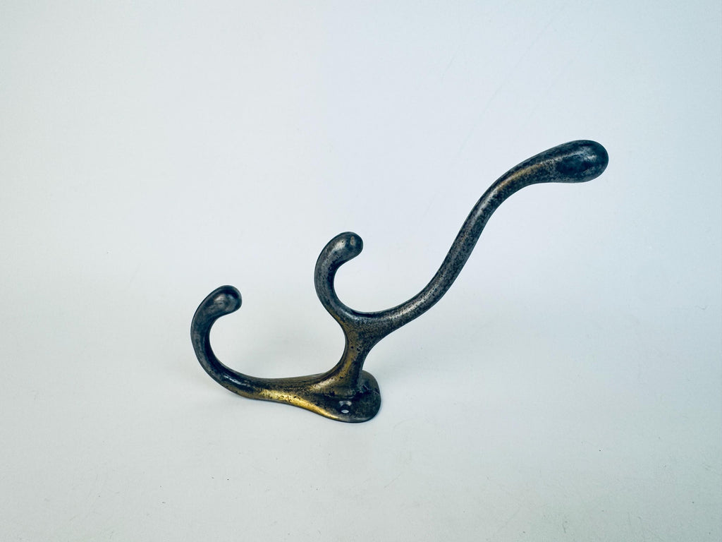 Vintage 1980s Cast Iron Wall Hook in Aged Bronze Finish  Industrial Triple Coat or Hat Hook