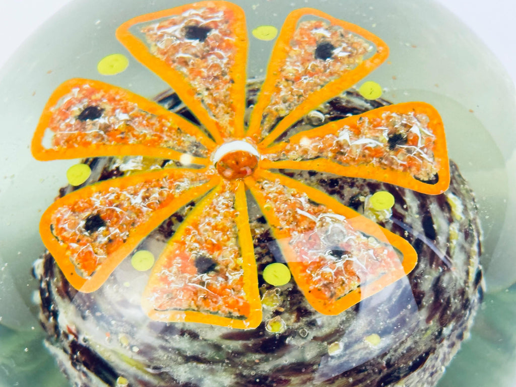 Vintage 1970s Floral Art Glass Paperweight  Encased Frit & Controlled Bubble Design