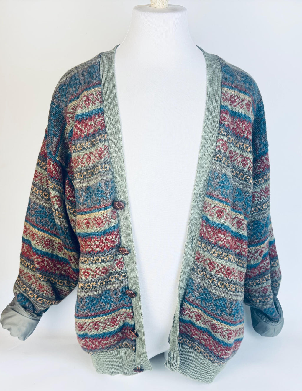 Vintage 1980s Mens Fair Isle Wool Knit Cardigan  Oversize Large/X-Large - Sage Green, Rust & Sky, Lined Sweater Jacket