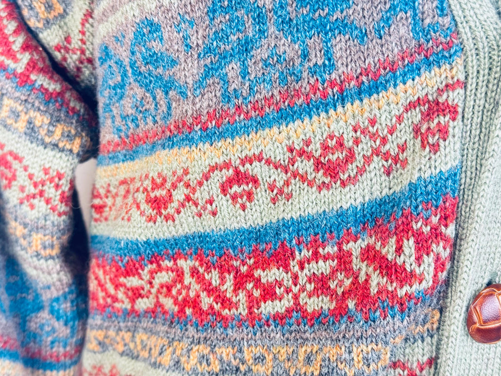 Vintage 1980s Mens Fair Isle Wool Knit Cardigan  Oversize Large/X-Large - Sage Green, Rust & Sky, Lined Sweater Jacket