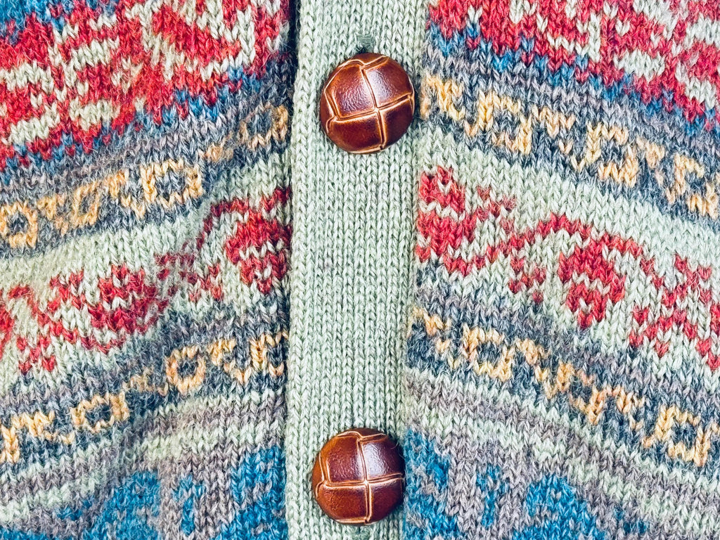 Vintage 1980s Mens Fair Isle Wool Knit Cardigan  Oversize Large/X-Large - Sage Green, Rust & Sky, Lined Sweater Jacket