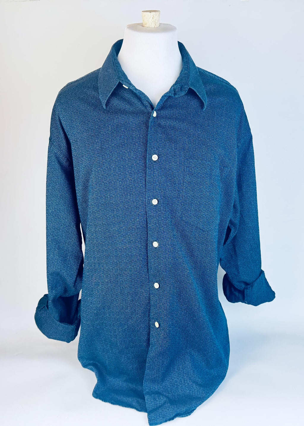 Vintage 1990s Christian Dumas Blue Cotton Textured Mens Shirt  Size XL Casual Button-Up Top
