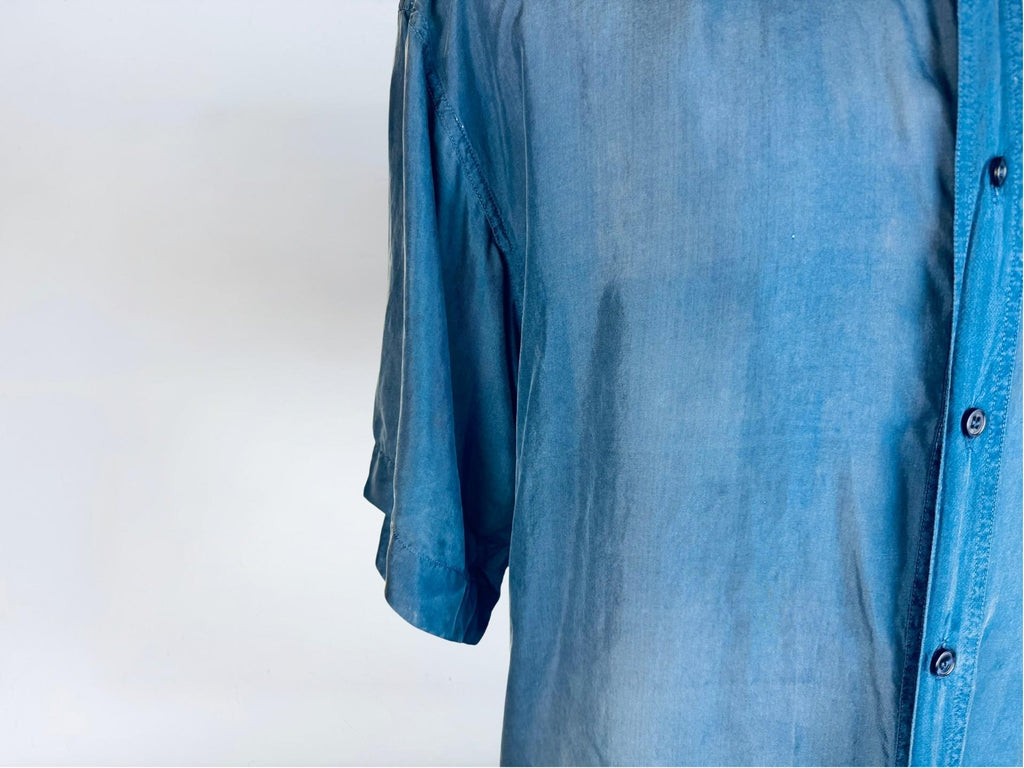 Vintage 1990s Mens Cobalt Blue 100% Silk Short Sleeve Shirt - 'Stone Silks' Button Up Casual Overshirt