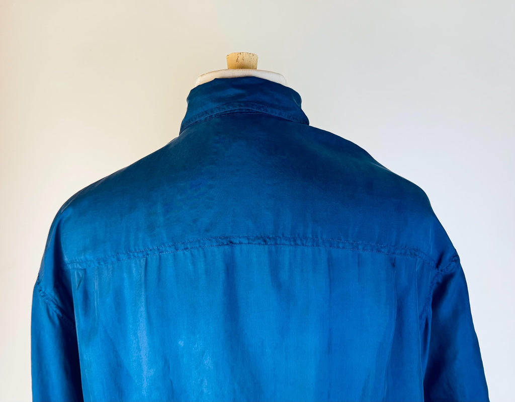 Vintage 1990s Mens Cobalt Blue 100% Silk Short Sleeve Shirt - 'Stone Silks' Button Up Casual Overshirt