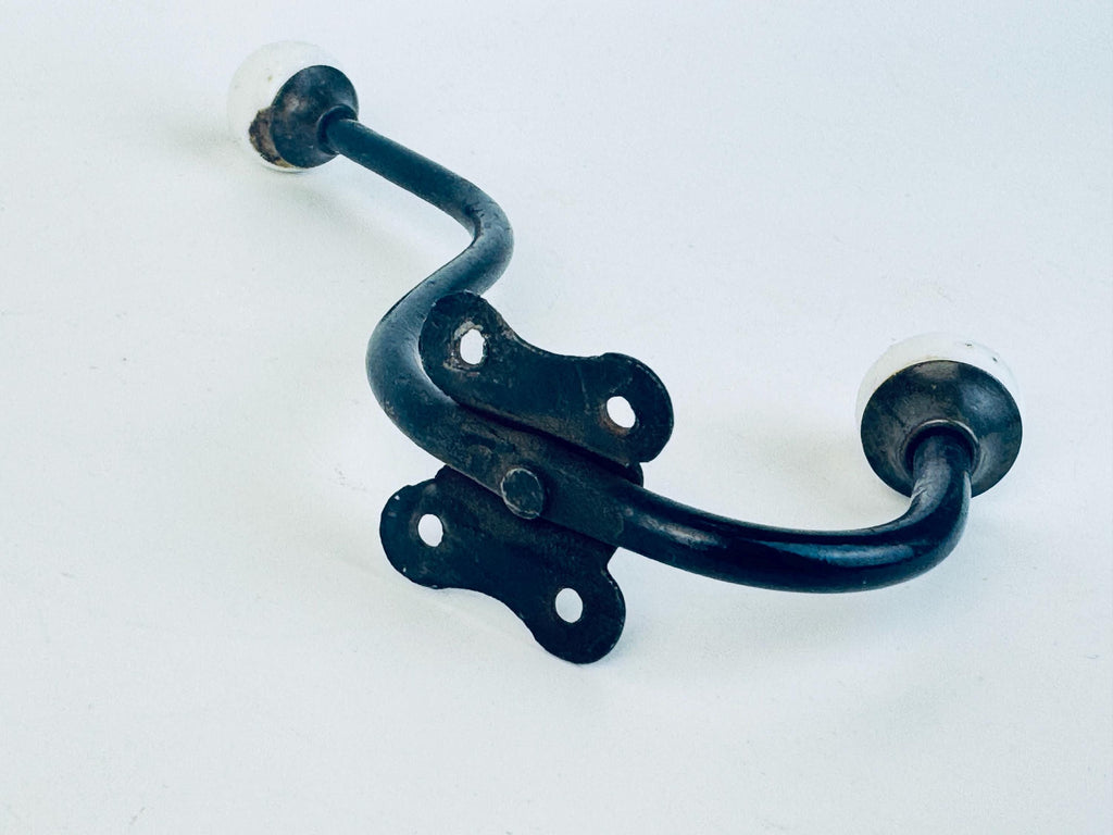Antique Early 1900s Black Iron & White Porcelain Double Wall Hook  Vintage Entryway Hardware