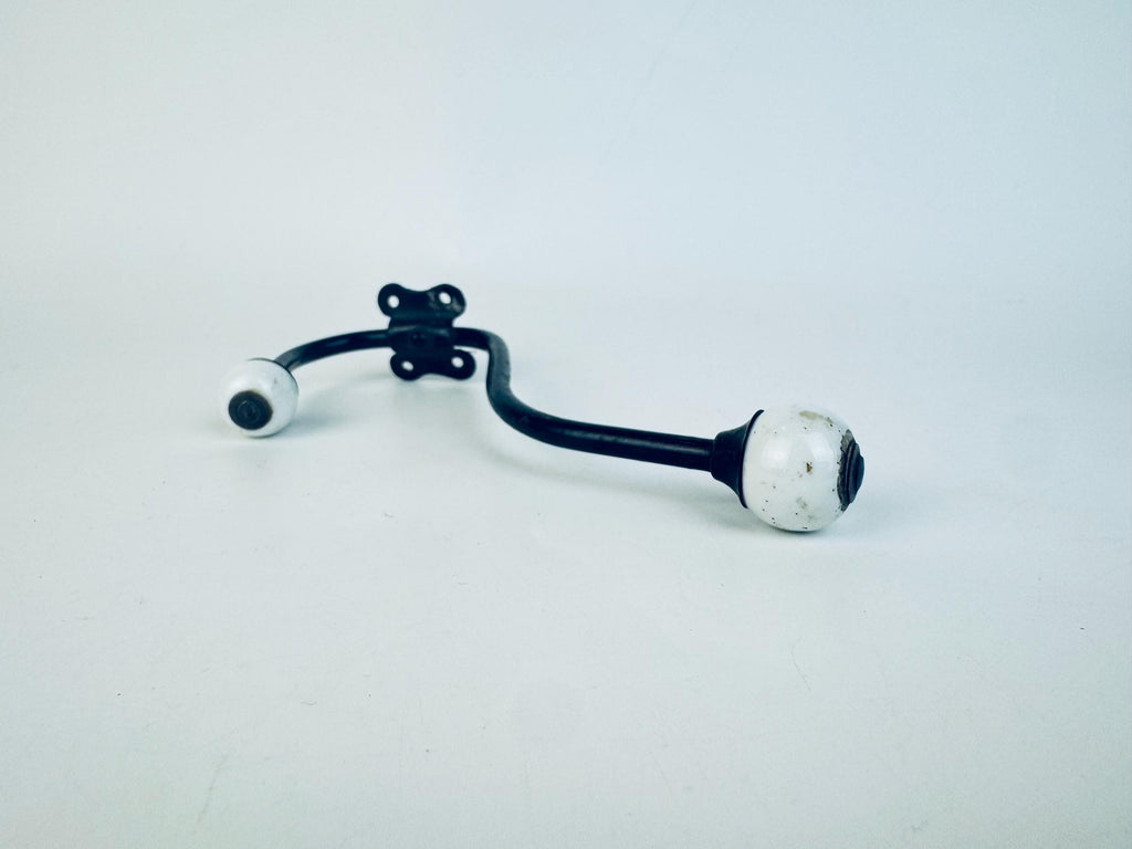 Antique Early 1900s Black Iron & White Porcelain Double Wall Hook  Vintage Entryway Hardware