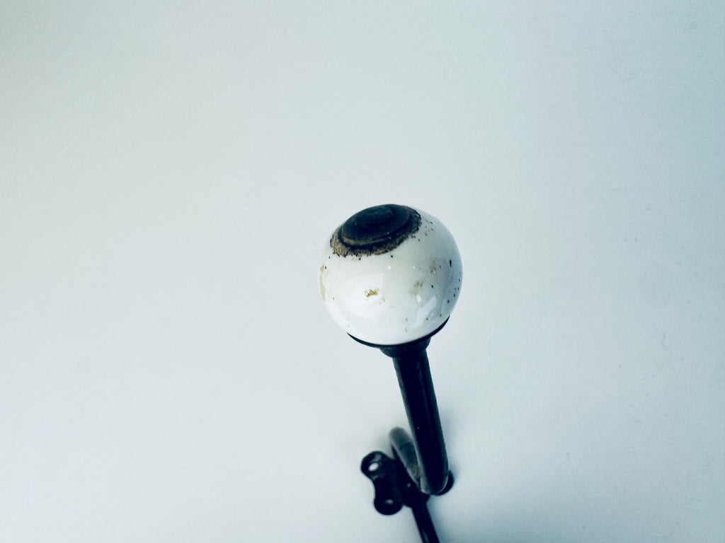 Antique Early 1900s Black Iron & White Porcelain Double Wall Hook  Vintage Entryway Hardware