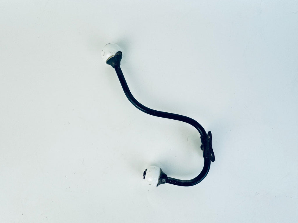 Antique Early 1900s Black Iron & White Porcelain Double Wall Hook  Vintage Entryway Hardware