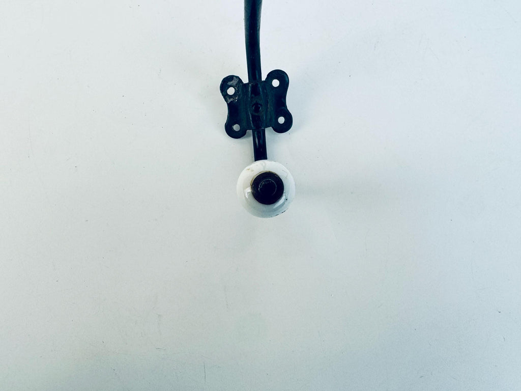 Antique Early 1900s Black Iron & White Porcelain Double Wall Hook  Vintage Entryway Hardware