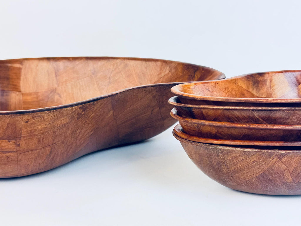 Vintage Teardrop Parquet Wooden Bowl Set  1970s-1980s Laminated Wood Serving & Salad Bowls
