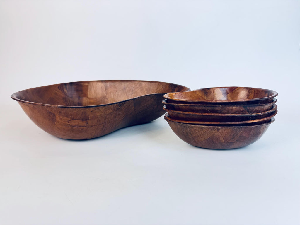 Vintage Teardrop Parquet Wooden Bowl Set  1970s-1980s Laminated Wood Serving & Salad Bowls