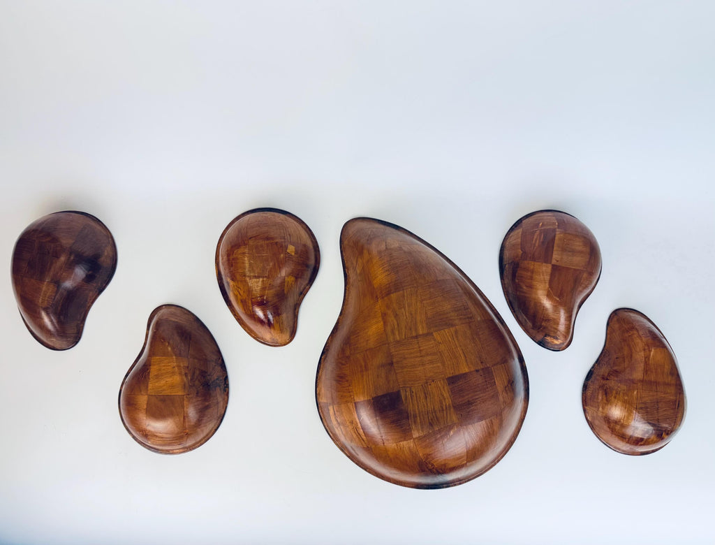 Vintage Teardrop Parquet Wooden Bowl Set  1970s-1980s Laminated Wood Serving & Salad Bowls