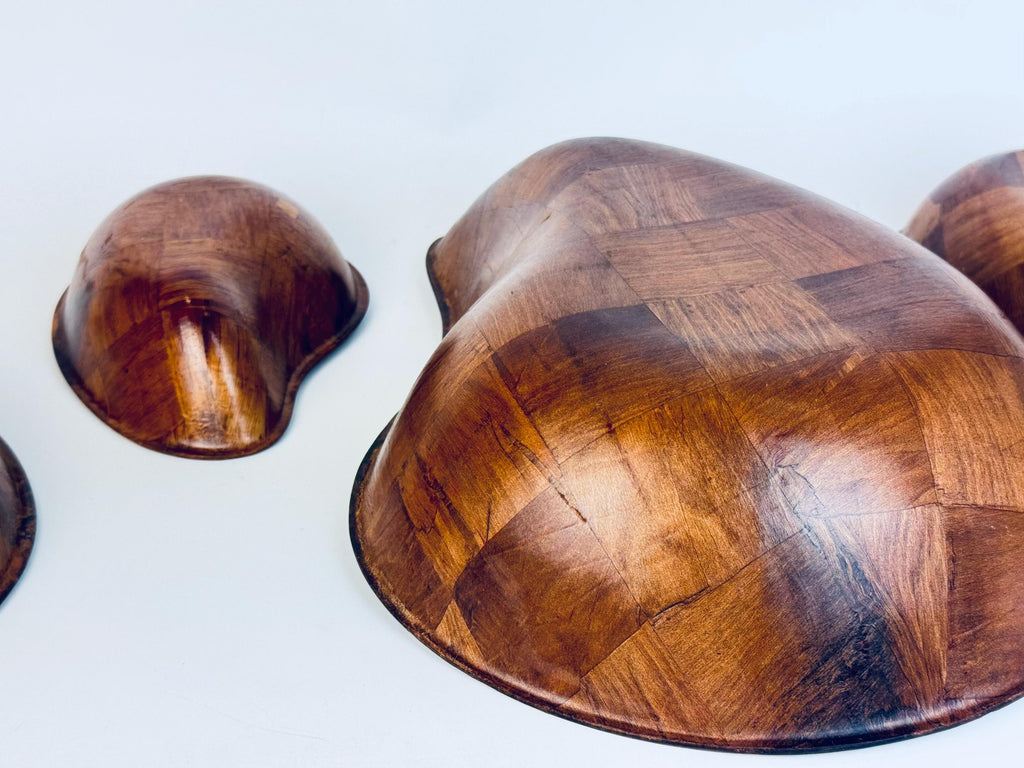 Vintage Teardrop Parquet Wooden Bowl Set  1970s-1980s Laminated Wood Serving & Salad Bowls