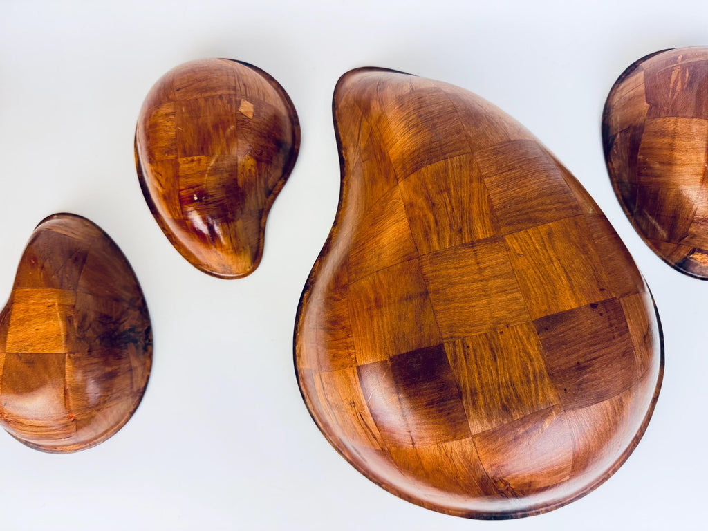 Vintage Teardrop Parquet Wooden Bowl Set  1970s-1980s Laminated Wood Serving & Salad Bowls