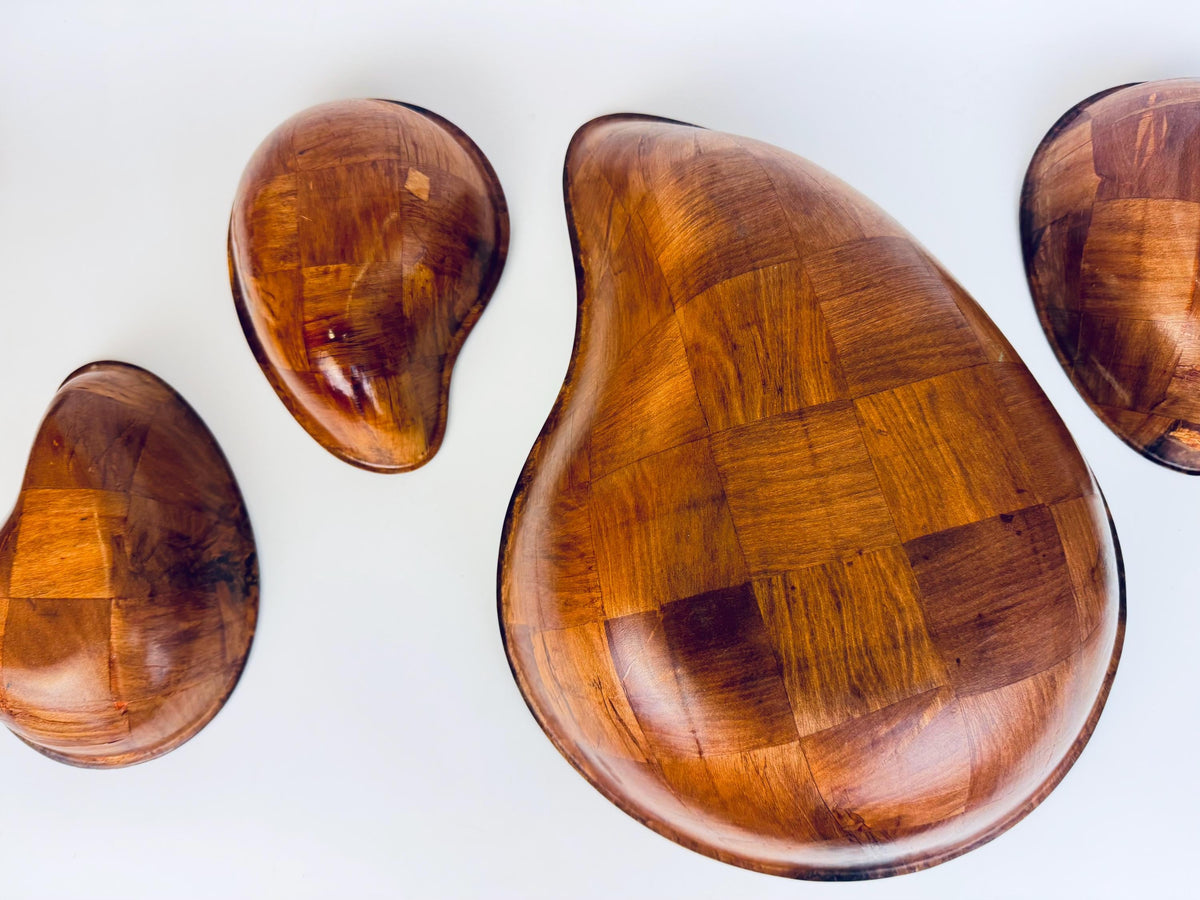 Vintage Teardrop Parquet Wooden Bowl Set  1970s-1980s Laminated Wood Serving & Salad Bowls
