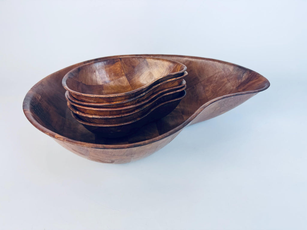 Vintage Teardrop Parquet Wooden Bowl Set  1970s-1980s Laminated Wood Serving & Salad Bowls