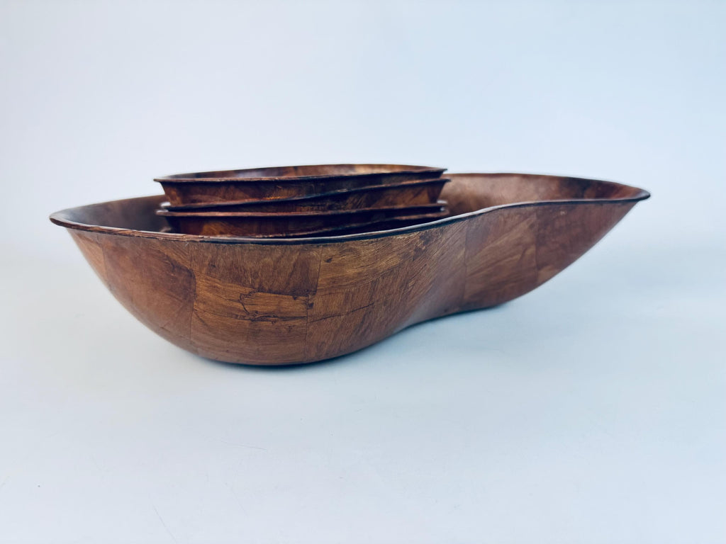 Vintage Teardrop Parquet Wooden Bowl Set  1970s-1980s Laminated Wood Serving & Salad Bowls