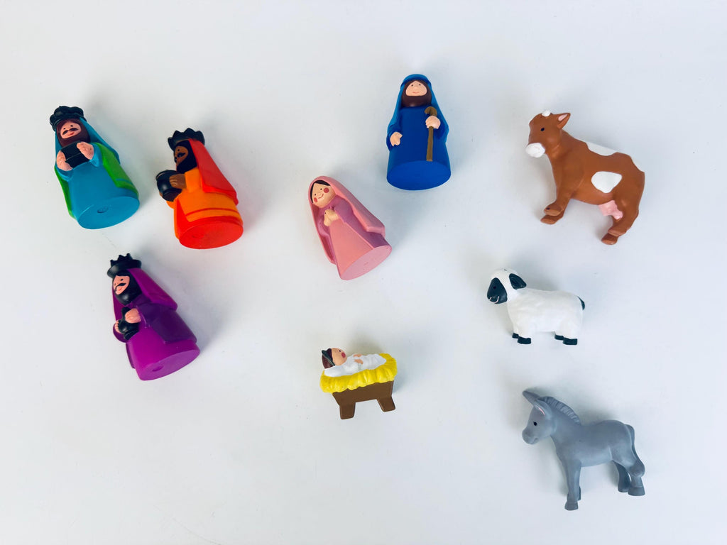 Vintage AVON My First Christmas Story Nativity Set  Multicolour Hard-Rubber 9-Piece Kids Christmas Creche Display