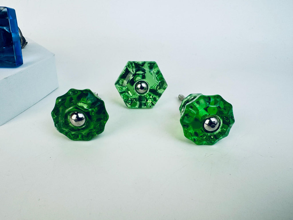 Vintage 1930s Depression Glass Drawer Knobs  Cobalt Blue & Emerald Green  Solid Glass Cabinet Pulls for Furniture Restoration