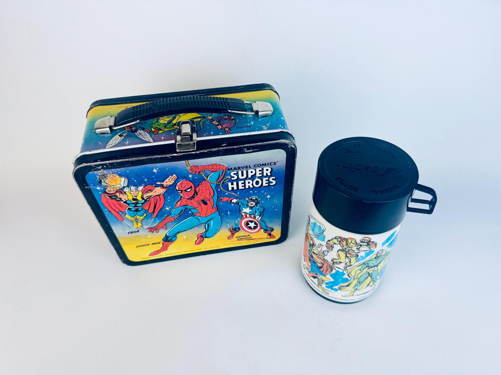 Vintage 1976 Marvel Comics Super Heros Metal Lunch Box & Thermos  Aladdin Industries USA  Spider-Man, Thor, Captain America