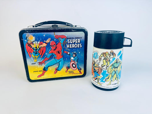 Marvel Super Heroes lunch box and thermos set on a white background
