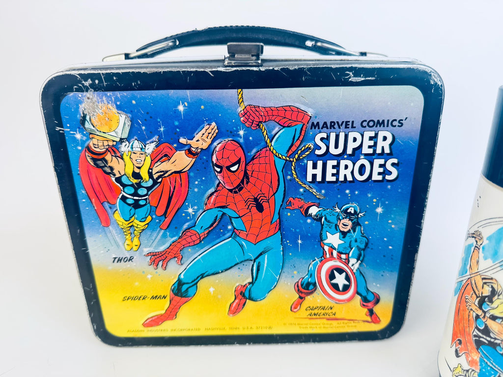 Vintage 1976 Marvel Comics Super Heros Metal Lunch Box & Thermos  Aladdin Industries USA  Spider-Man, Thor, Captain America