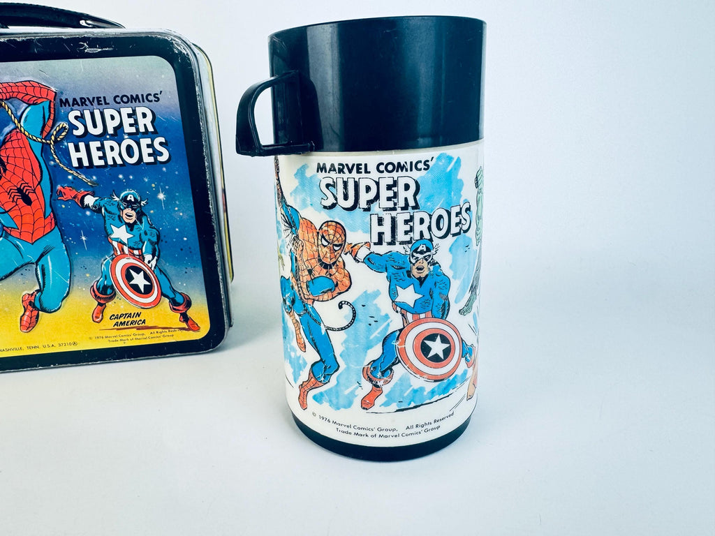 Vintage 1976 Marvel Comics Super Heros Metal Lunch Box & Thermos  Aladdin Industries USA  Spider-Man, Thor, Captain America