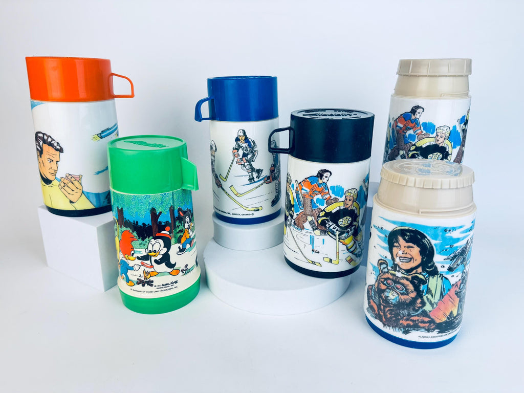 Vintage 1970s Aladdin insulated kids thermos  Star Trek  Woody Woodpecker  Bobby Orr  Wayne Gretzky  Battlestar Galactica designs