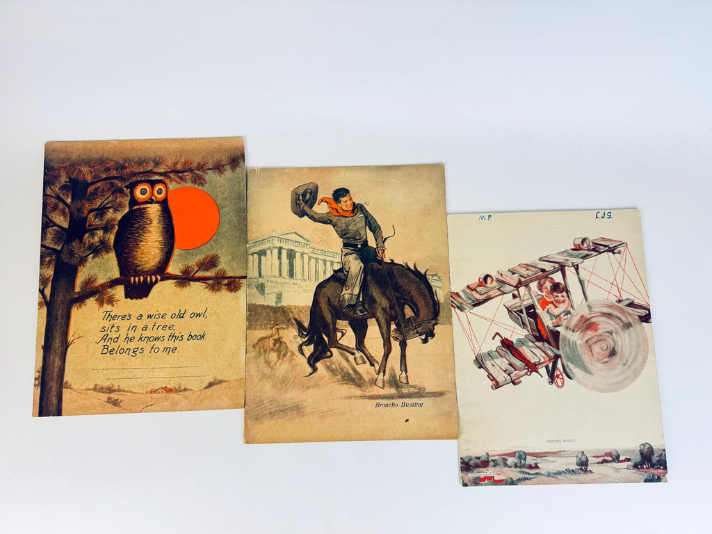 Three vintage blank lined school notebooks featuring different illustrations on a white background.