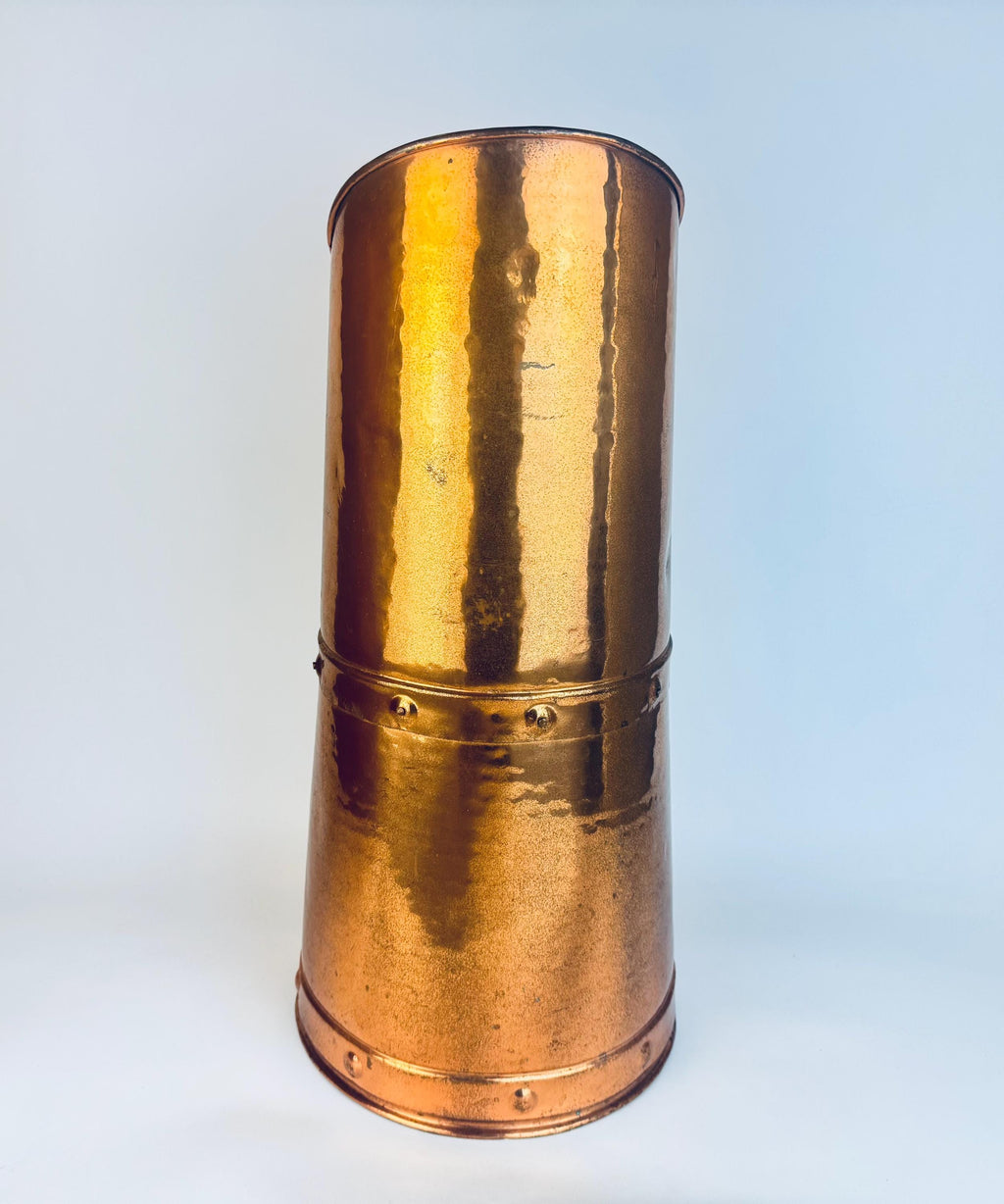 Vintage Ethan Allen Hammered Copper Log Bucket  1960s England Brass-Handled Fireside Accent