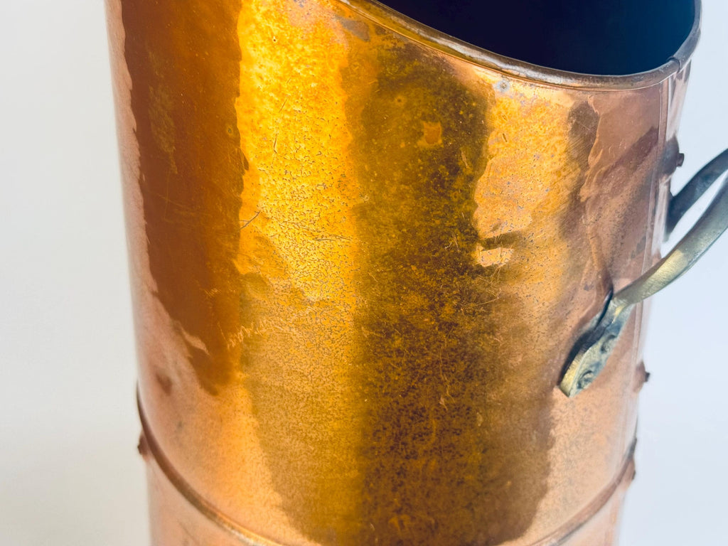 Vintage Ethan Allen Hammered Copper Log Bucket  1960s England Brass-Handled Fireside Accent