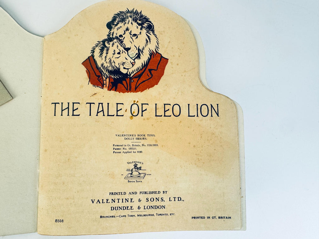 Antique 1913 Louis Wain “The Tale of Leo Lion Valentine & Sons Book Toy  Moveable Eyes + Head  Edwardian Childrens Collectible