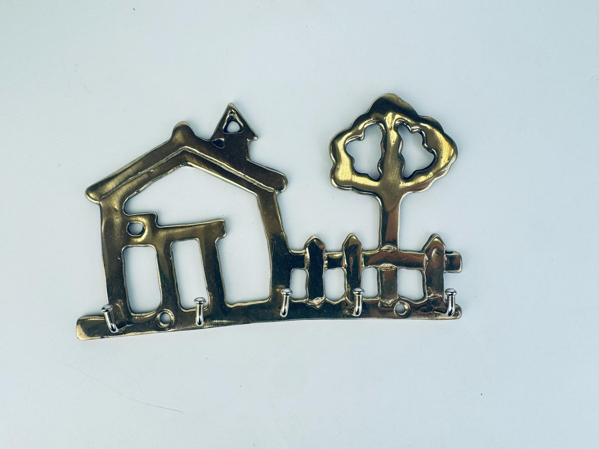 Vintage Brass House & Tree Key Rack  1970s Solid Brass Wall-Mount Key Hooks  Cottage Entryway Organizer