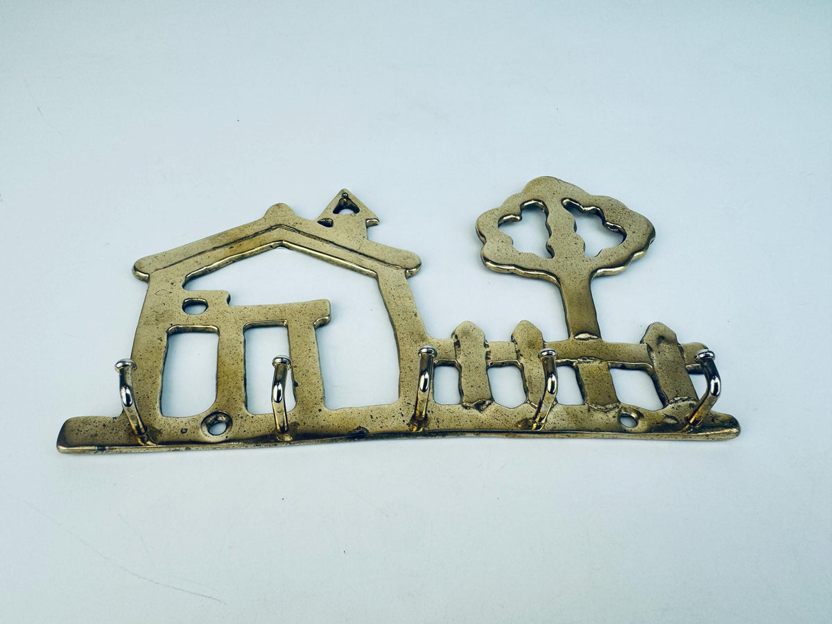 Vintage Brass House & Tree Key Rack  1970s Solid Brass Wall-Mount Key Hooks  Cottage Entryway Organizer