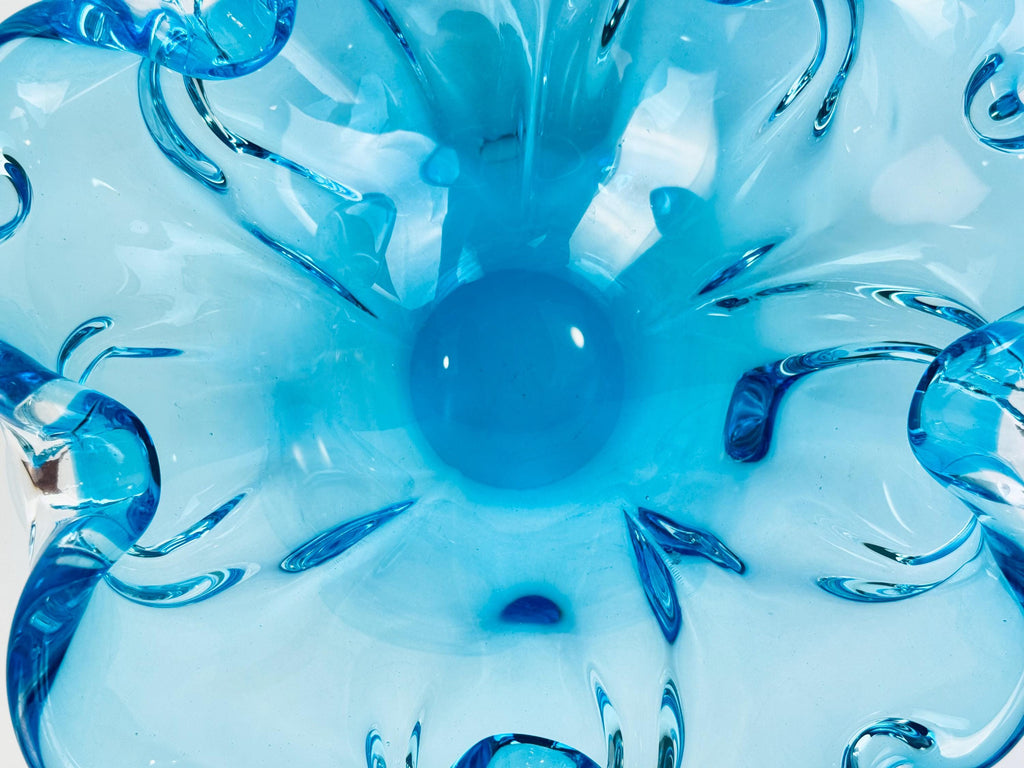 Vintage Aqua Blue Chalet-Style Art Glass Bowl 1960s Canadian Freeform Centrepiece