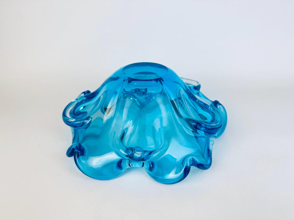 Vintage Aqua Blue Chalet-Style Art Glass Bowl 1960s Canadian Freeform Centrepiece