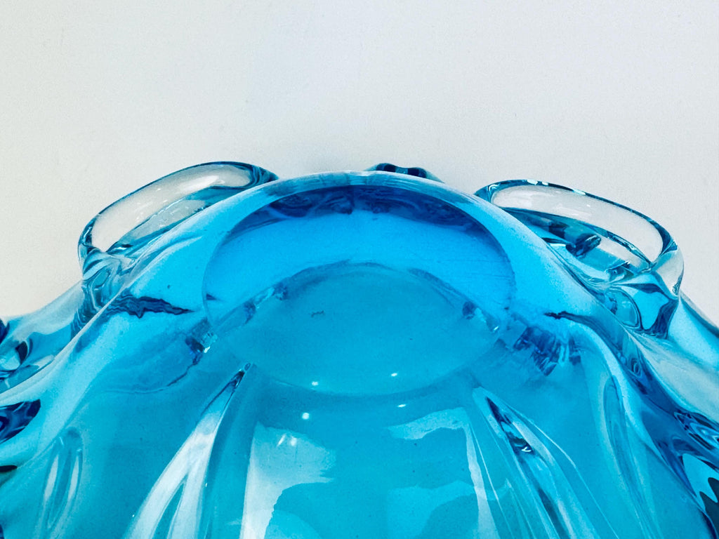 Vintage Aqua Blue Chalet-Style Art Glass Bowl 1960s Canadian Freeform Centrepiece