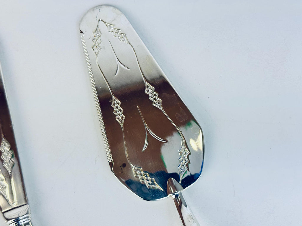 Vintage 1970s Silcraft E.P. Zinc Silver Tone Serving Set  Knife, Fork & Cake Server from Woodwards Canada