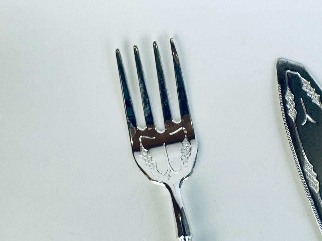 Vintage 1970s Silcraft E.P. Zinc Silver Tone Serving Set  Knife, Fork & Cake Server from Woodwards Canada