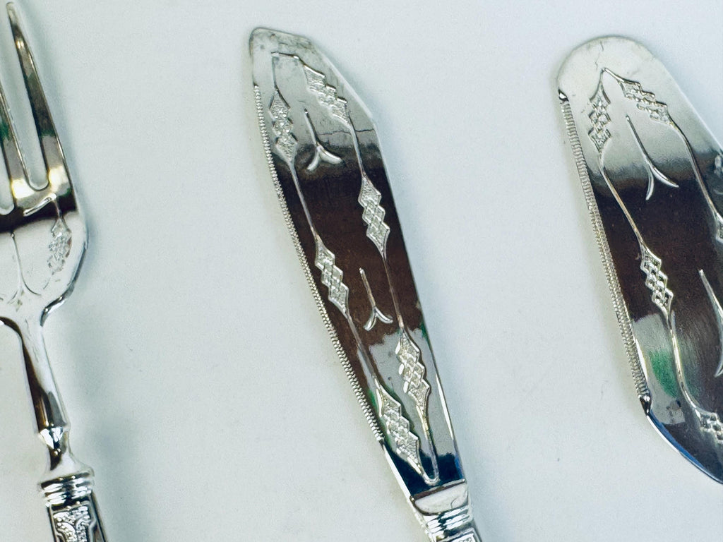 Vintage 1970s Silcraft E.P. Zinc Silver Tone Serving Set  Knife, Fork & Cake Server from Woodwards Canada