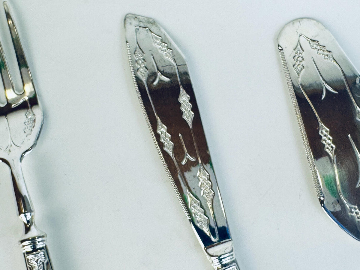 Vintage 1970s Silcraft E.P. Zinc Silver Tone Serving Set  Knife, Fork & Cake Server from Woodwards Canada