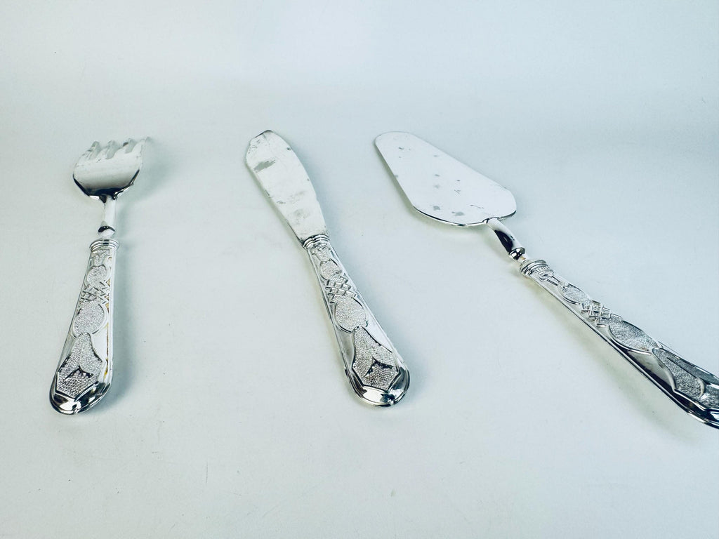 Vintage 1970s Silcraft E.P. Zinc Silver Tone Serving Set  Knife, Fork & Cake Server from Woodwards Canada