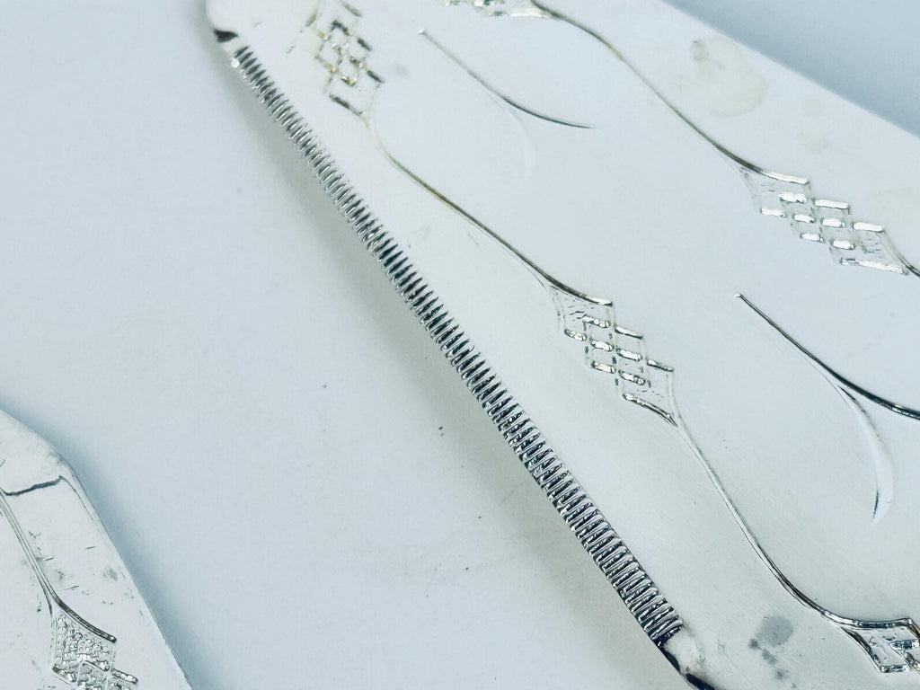 Vintage 1970s Silcraft E.P. Zinc Silver Tone Serving Set  Knife, Fork & Cake Server from Woodwards Canada